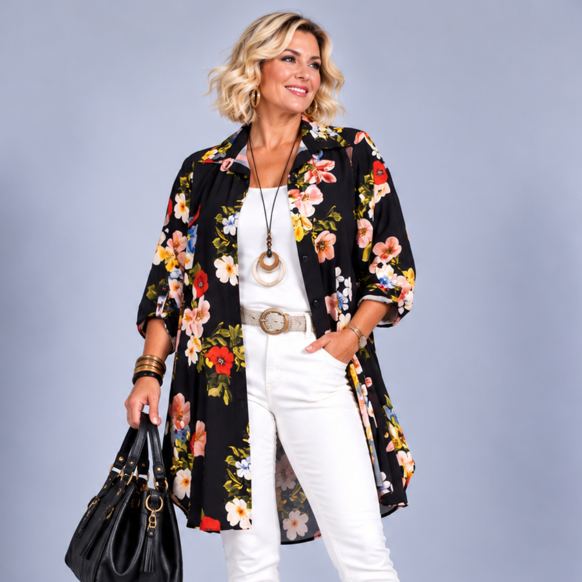 Black Floral Shirt / Blouse with Collar