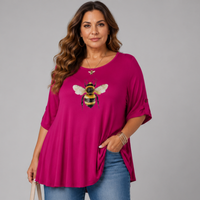 Bee Print Swing Top with Button Half-Sleeves
