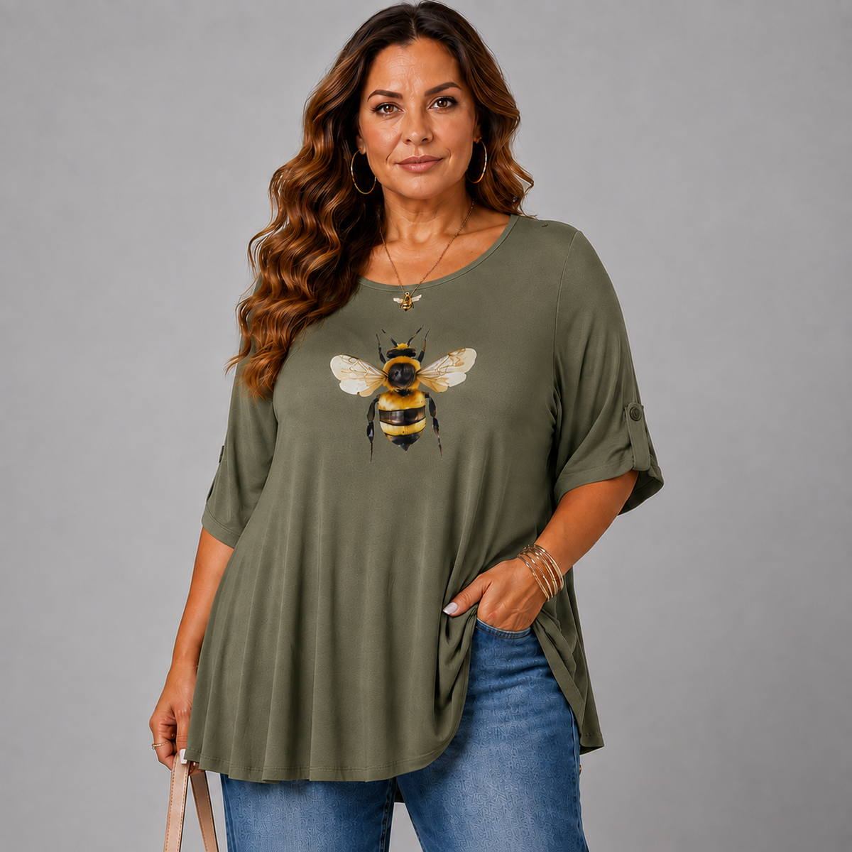Bee Print Swing Top with Button Half-Sleeves