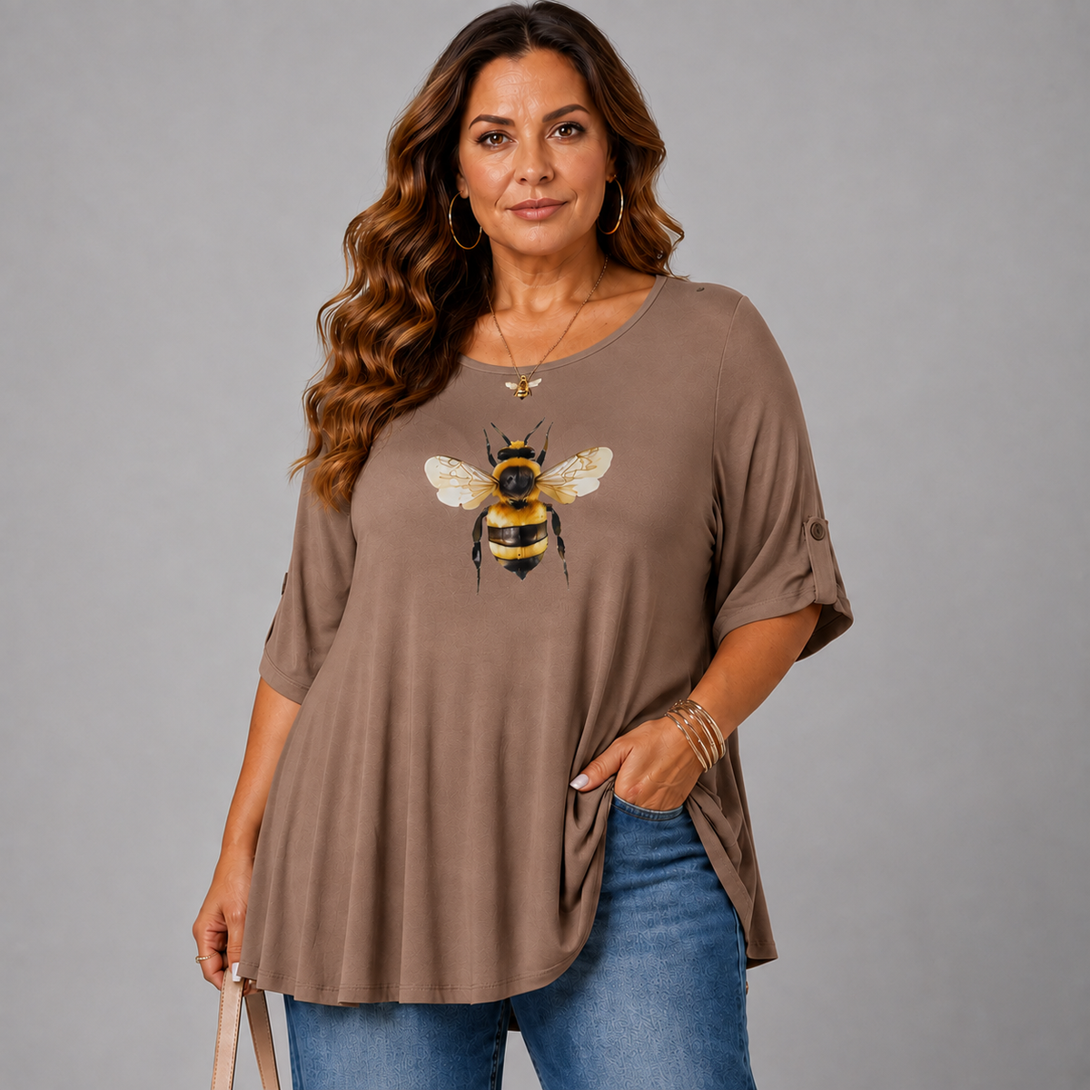 Bee Print Swing Top with Button Half-Sleeves