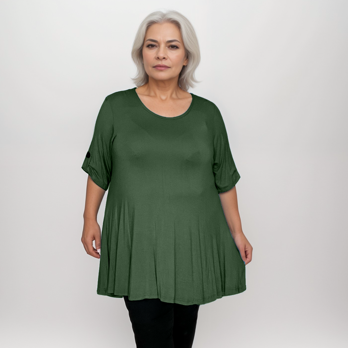 Plus‑Size 3/4 Sleeve Swing Top with Button Sleeves