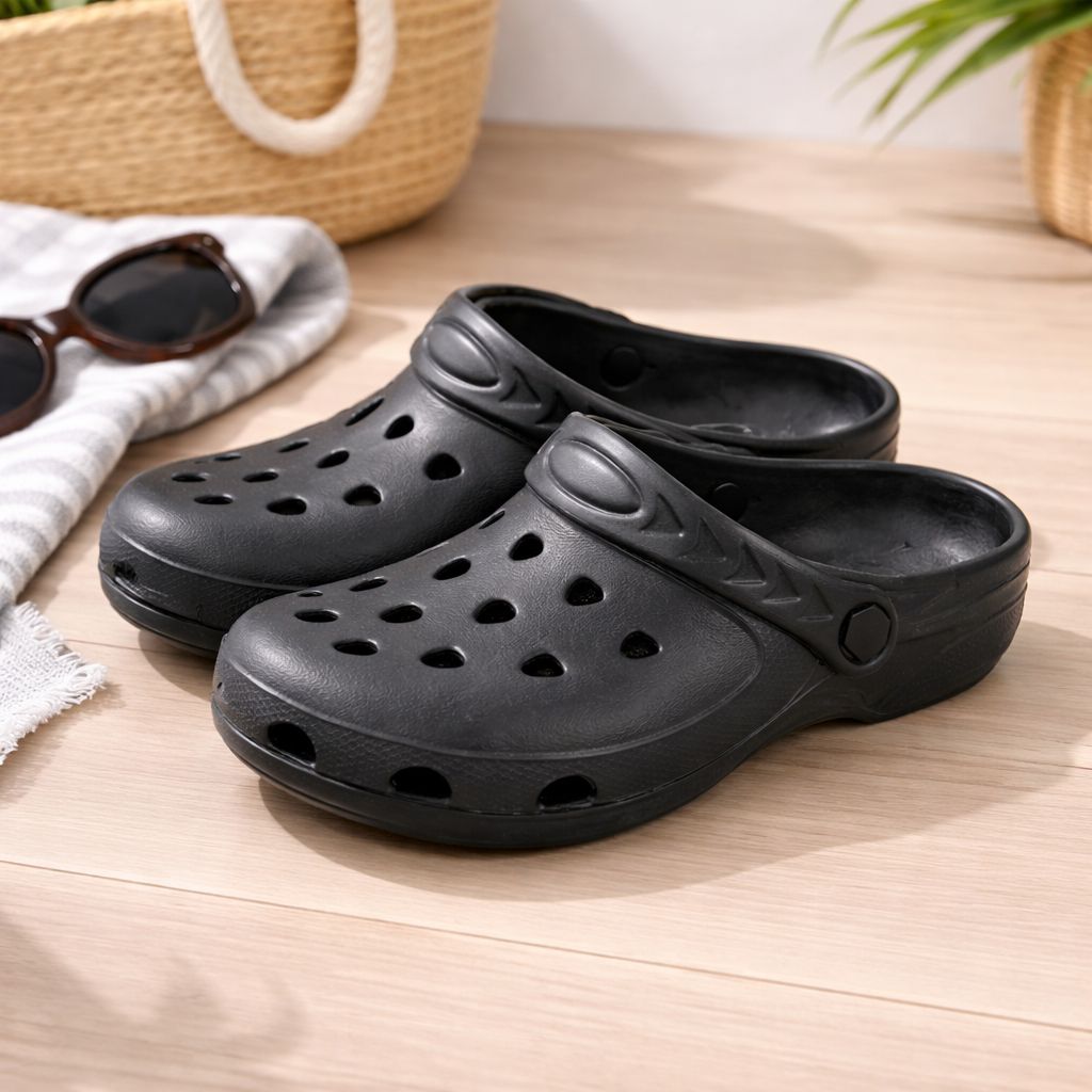 Black clogs on a wooden floor with sunglasses and a bag in the background