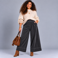 Fine Cord Flared Leg Elastic Waist Jeans / Trousers with Wide Turn-Ups
