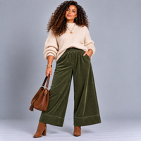 Fine Cord Flared Leg Elastic Waist Jeans / Trousers with Wide Turn-Ups