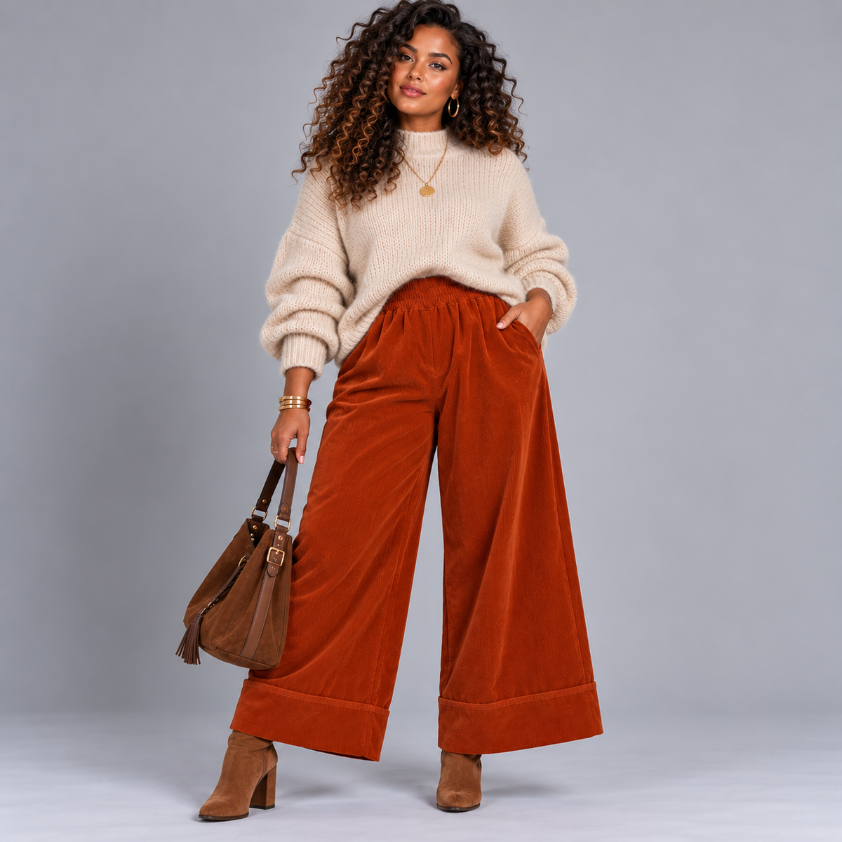 Fine Cord Flared Leg Elastic Waist Jeans / Trousers with Wide Turn-Ups