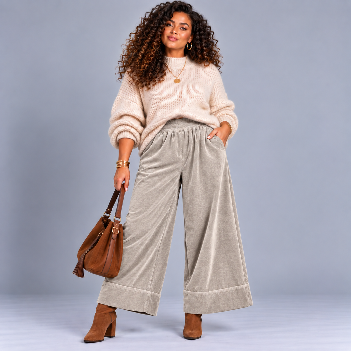 Fine Cord Flared Leg Elastic Waist Jeans / Trousers with Wide Turn-Ups