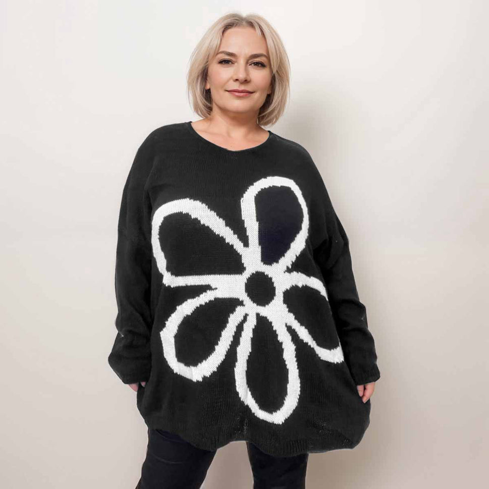 OVERSIZED V-NECK KNITTED JUMPER LARGE FLOWER