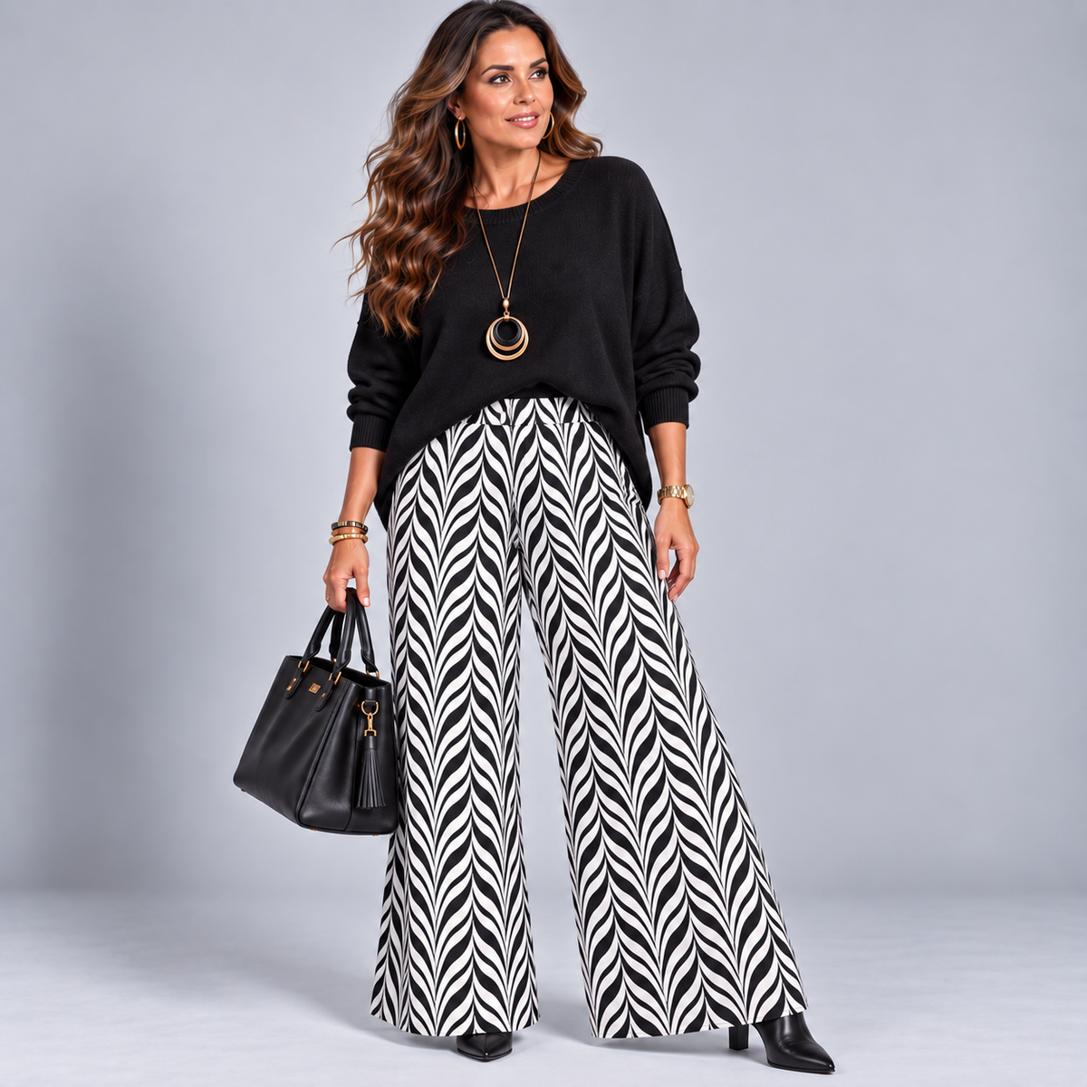 Black & White Herringbone Elasticated Waist Palazzo Trousers