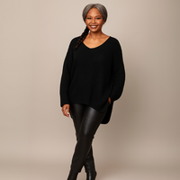 V-Neck Ribbed Jumper with Long Dipped Hem