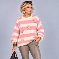 Soft Fluffy Striped Jumper with 3D Flowers