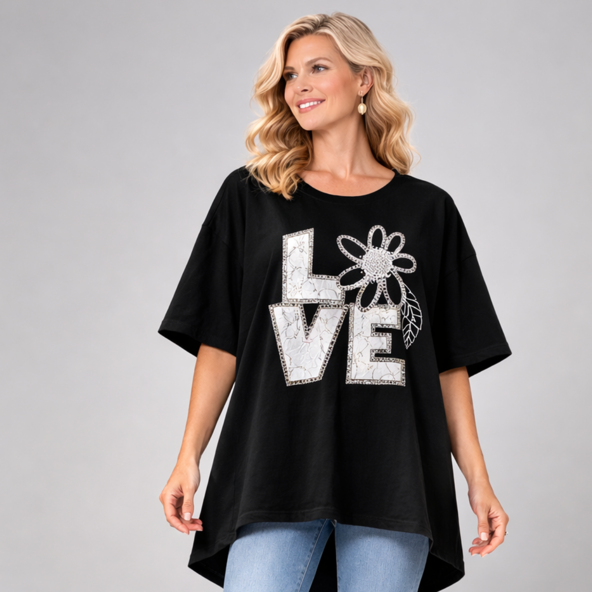 Oversized Dipped Hem Beaded Love Short Sleeve T-shirt