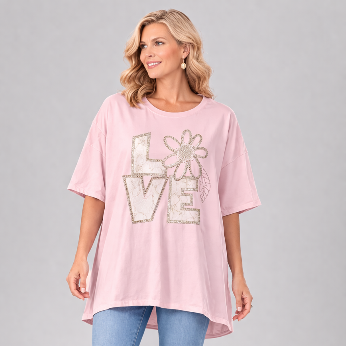 Oversized Dipped Hem Beaded Love Short Sleeve T-shirt