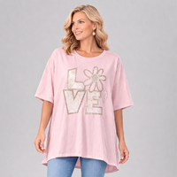 Oversized Dipped Hem Beaded Love Short Sleeve T-shirt