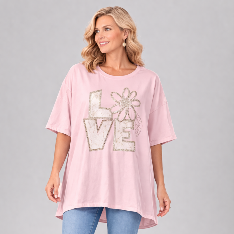 Oversized Dipped Hem Beaded Love Short Sleeve T-shirt