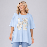 Oversized Dipped Hem Beaded Love Short Sleeve T-shirt