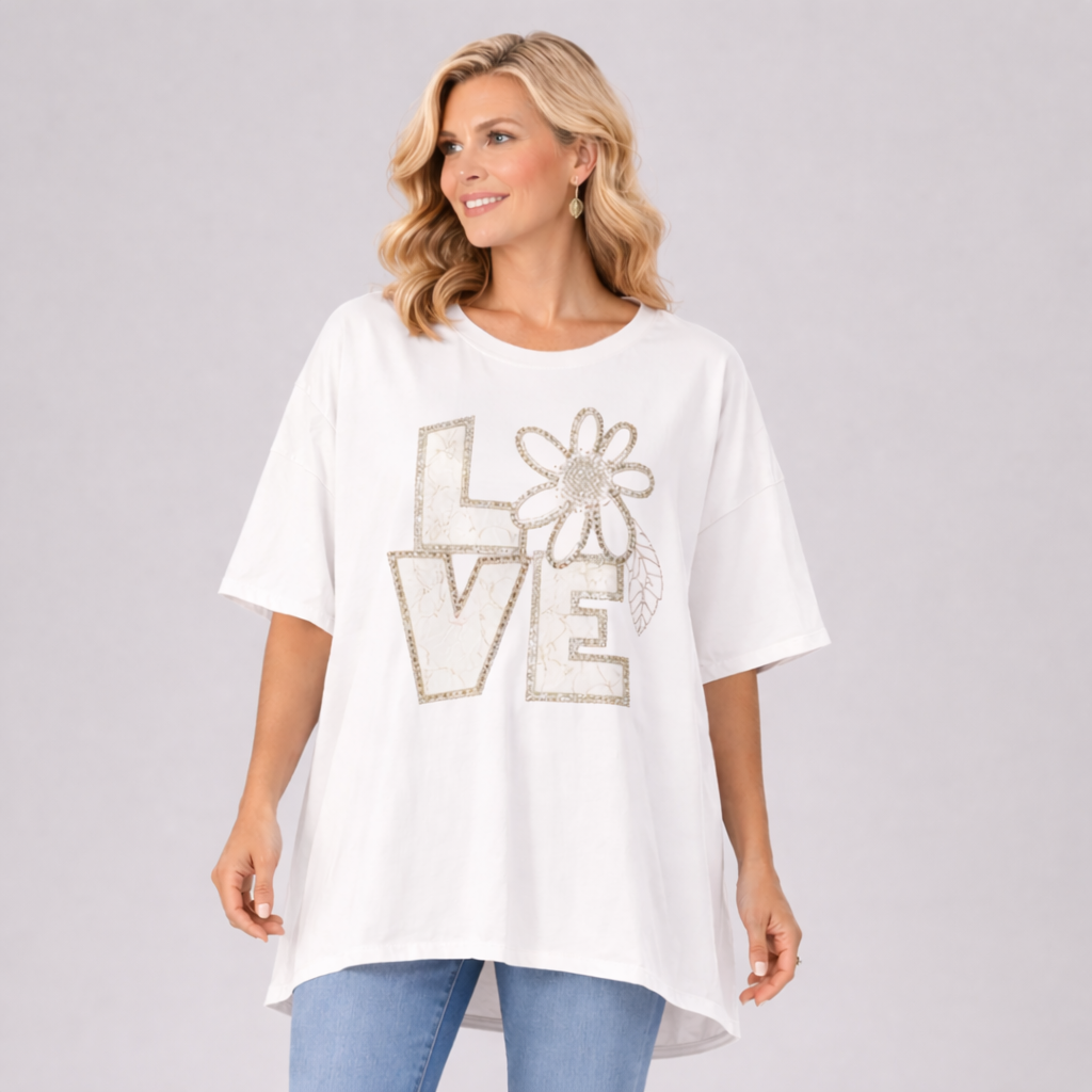 Oversized Dipped Hem Beaded Love Short Sleeve T-shirt