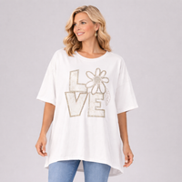 Oversized Dipped Hem Beaded Love Short Sleeve T-shirt