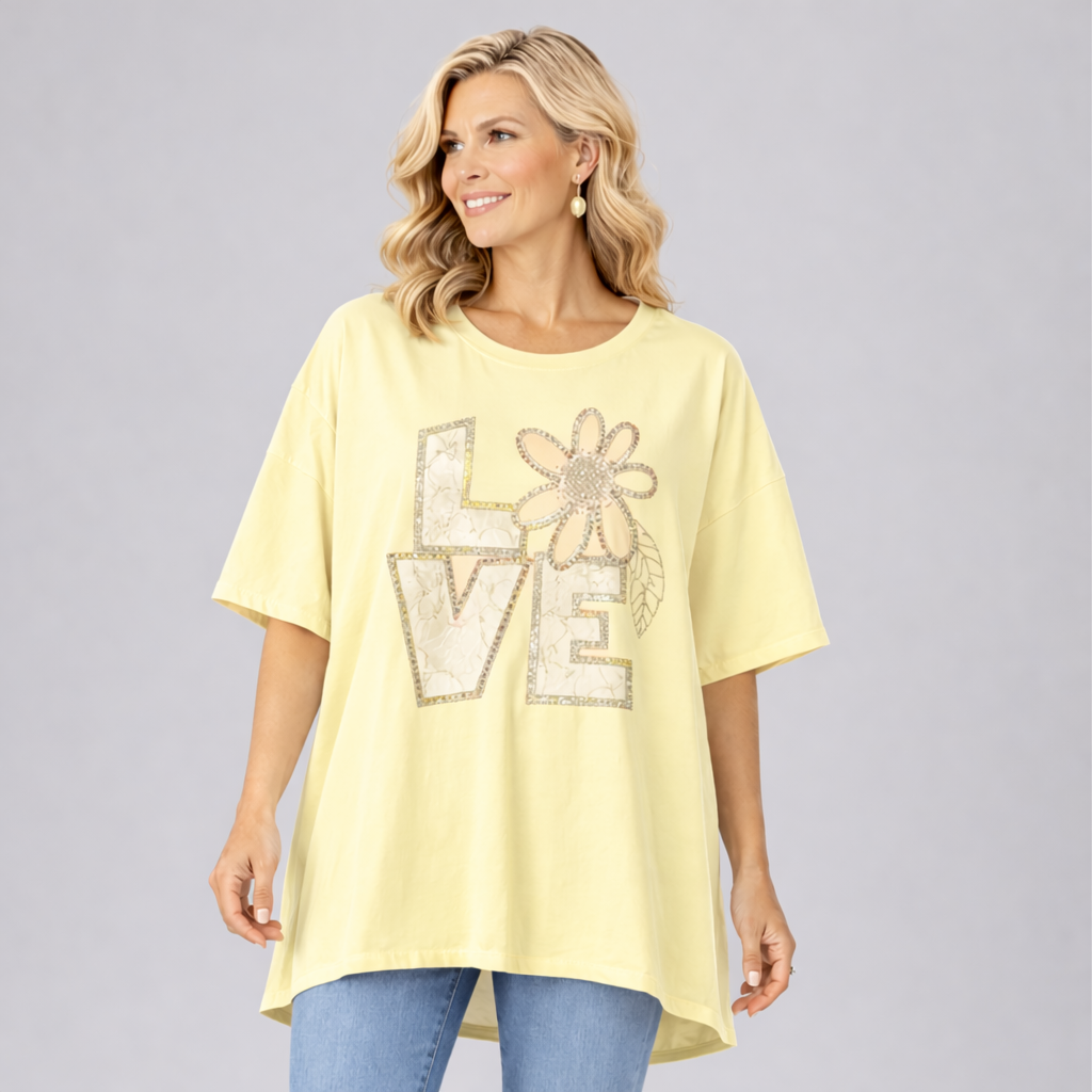 Oversized Dipped Hem Beaded Love Short Sleeve T-shirt