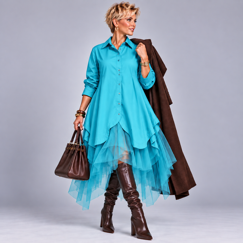 100% Cotton Shirt Dress with Net Hem
