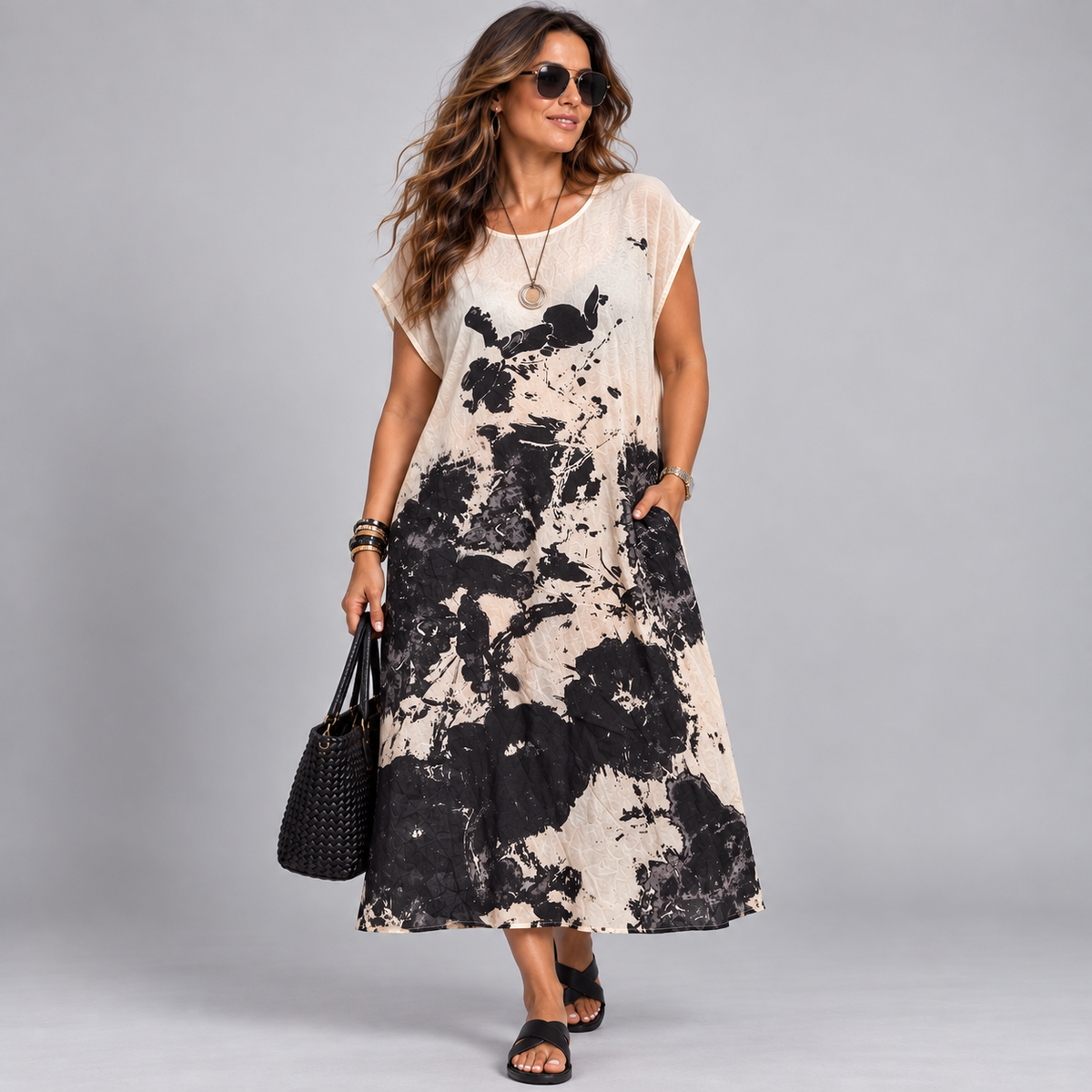 Stone & Black Abstract Print Lightweight Cotton Midi Dress with Pockets