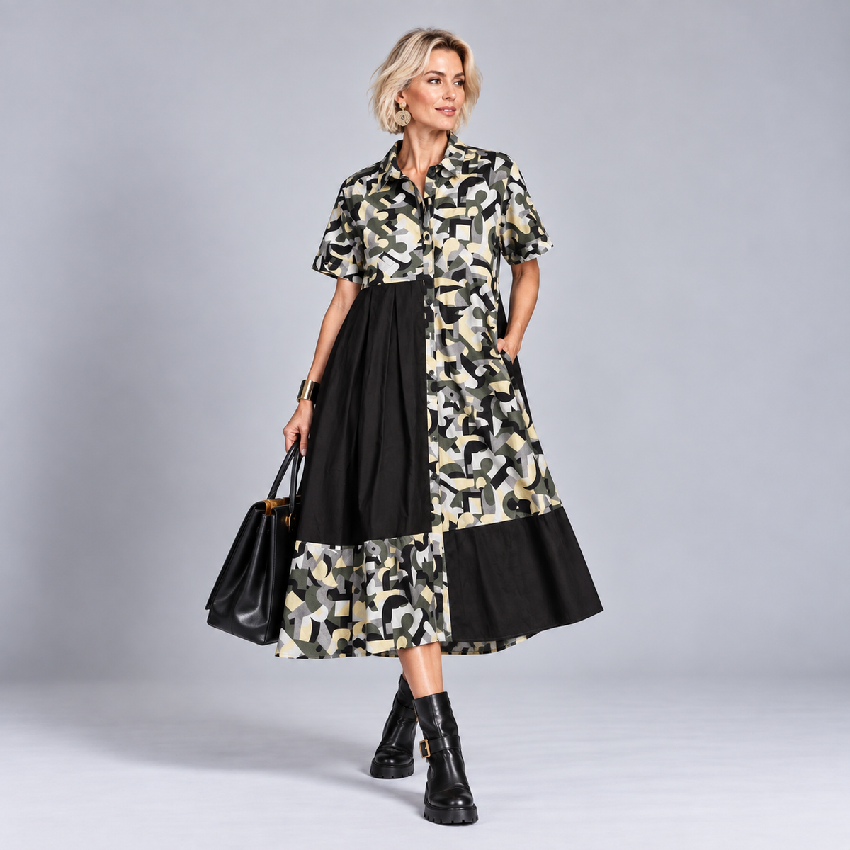 Khaki Camo Shirt Dress with Pockets