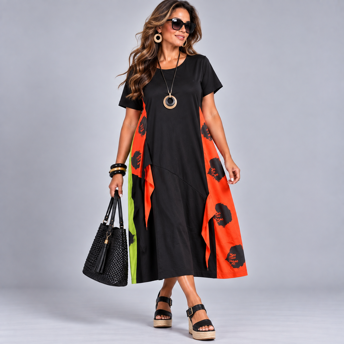 Black Midi Dress with Bright Coloured Panels