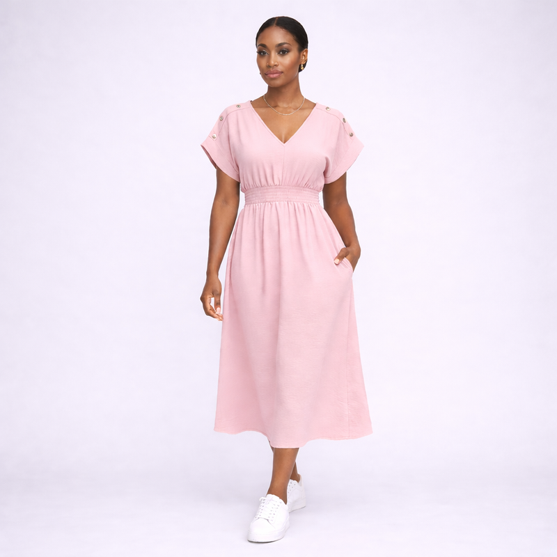 V Neck Elastic Waist Pocket Maxi Dress