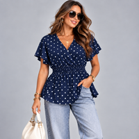Polka Dot V-Neck Smocked Elastic Waist Peplum Blouse