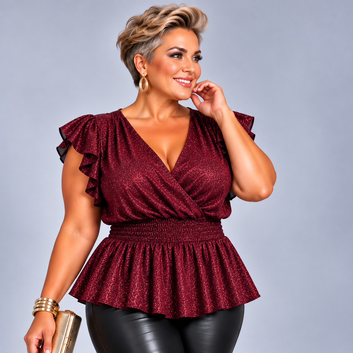 Sparkly V-Neck Smocked Elastic Waist Peplum Blouse