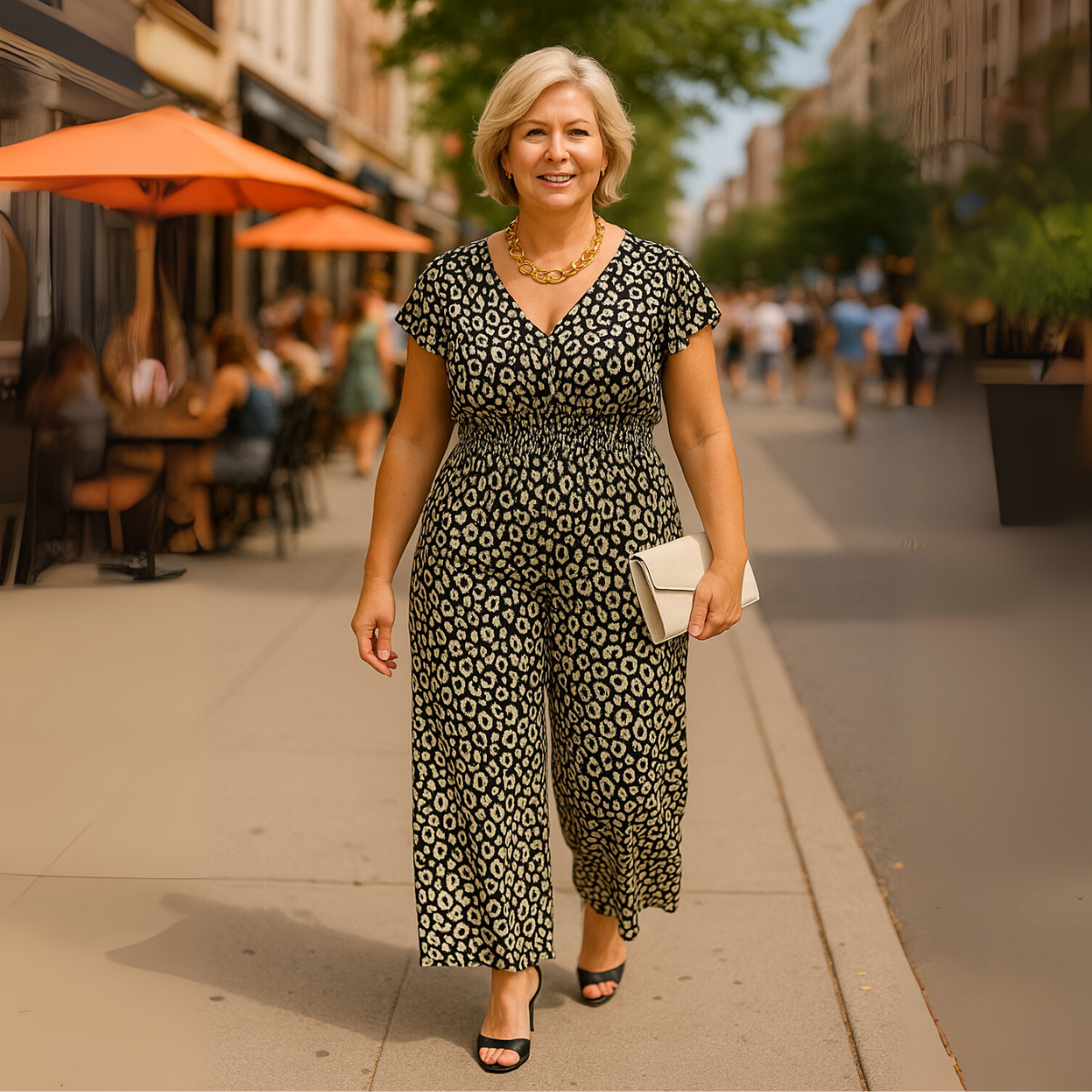 Woman in a black and white patterned jumpsuit walking on a city street.