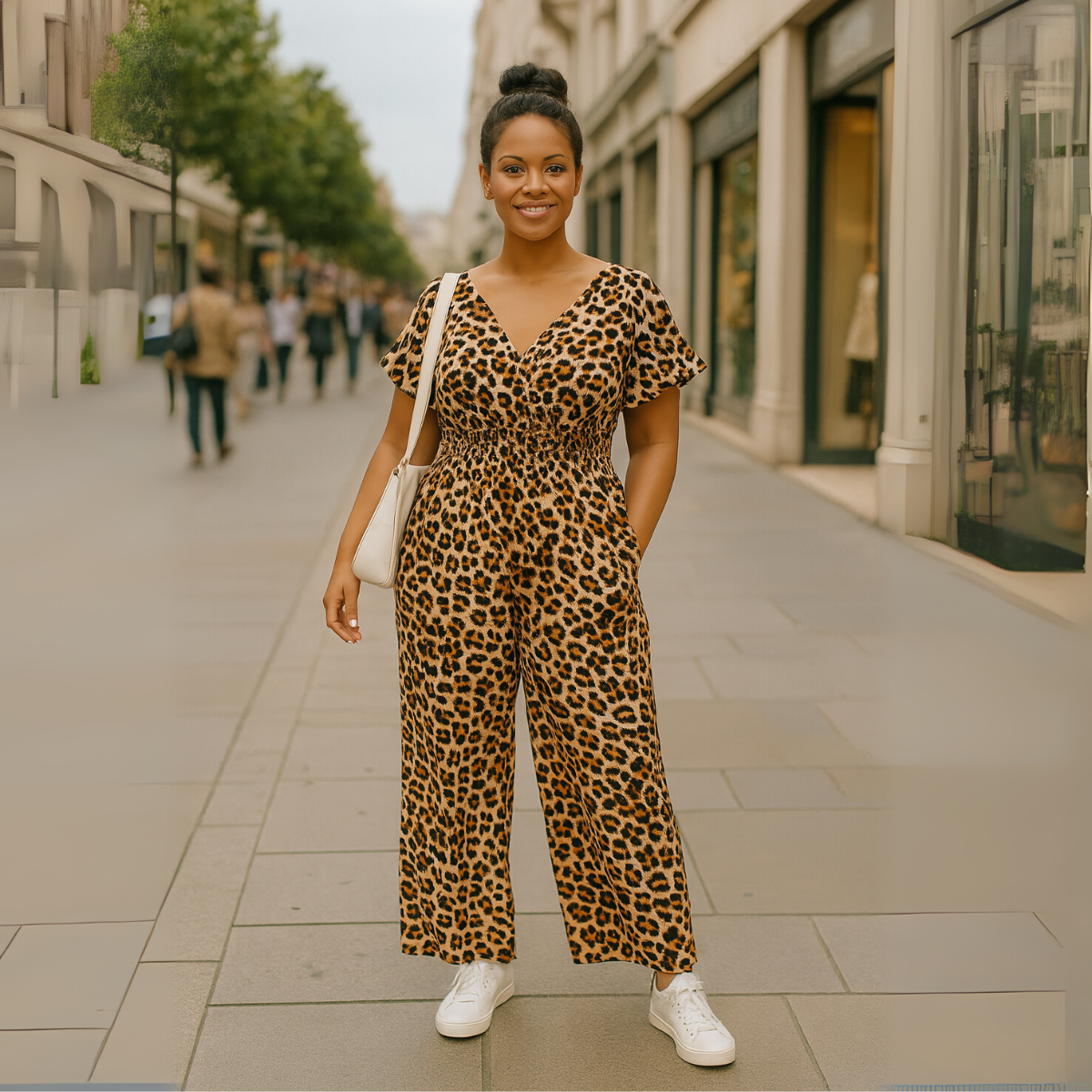 Woman in leopard print jumpsuit walking on a city street