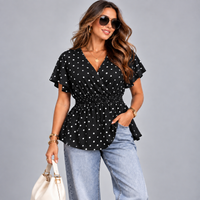 Polka Dot V-Neck Smocked Elastic Waist Peplum Blouse