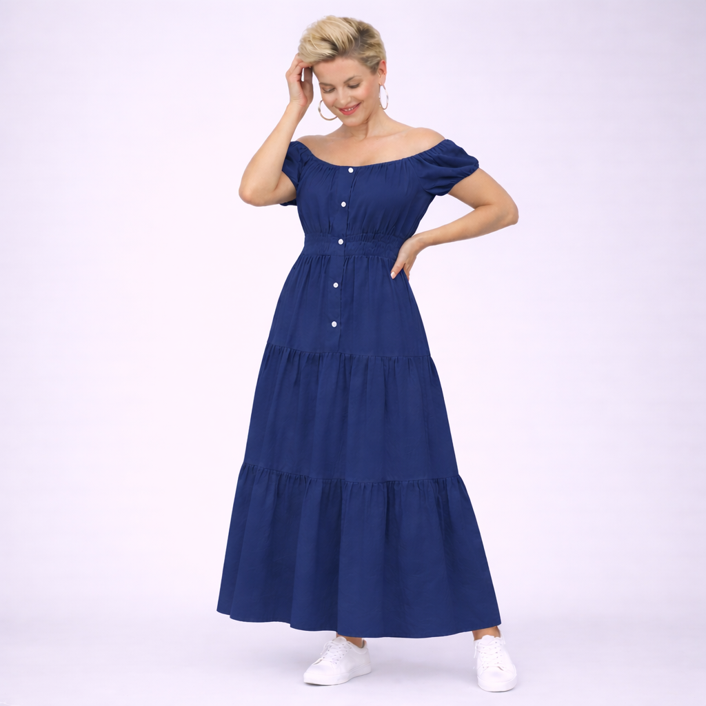 Off Shoulder Elastic Waist Gypsy Style Maxi Dress