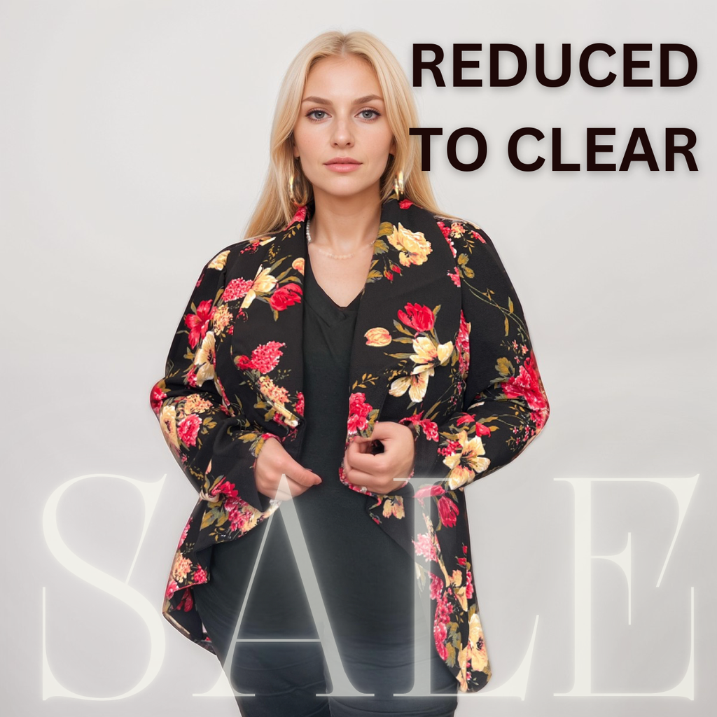 BLACK RED FLORAL WATERFALL FRONT BLAZER / JACKET