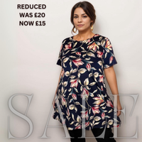ROCKTHOSECURVES NAVY BLUE LEAF PRINT SHORT SLEEVE SWING TOP