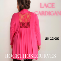 ROCKTHOSECURVES LONG LENGTH OPEN FRONT CARDIGAN WITH LACE PANEL TO BACK