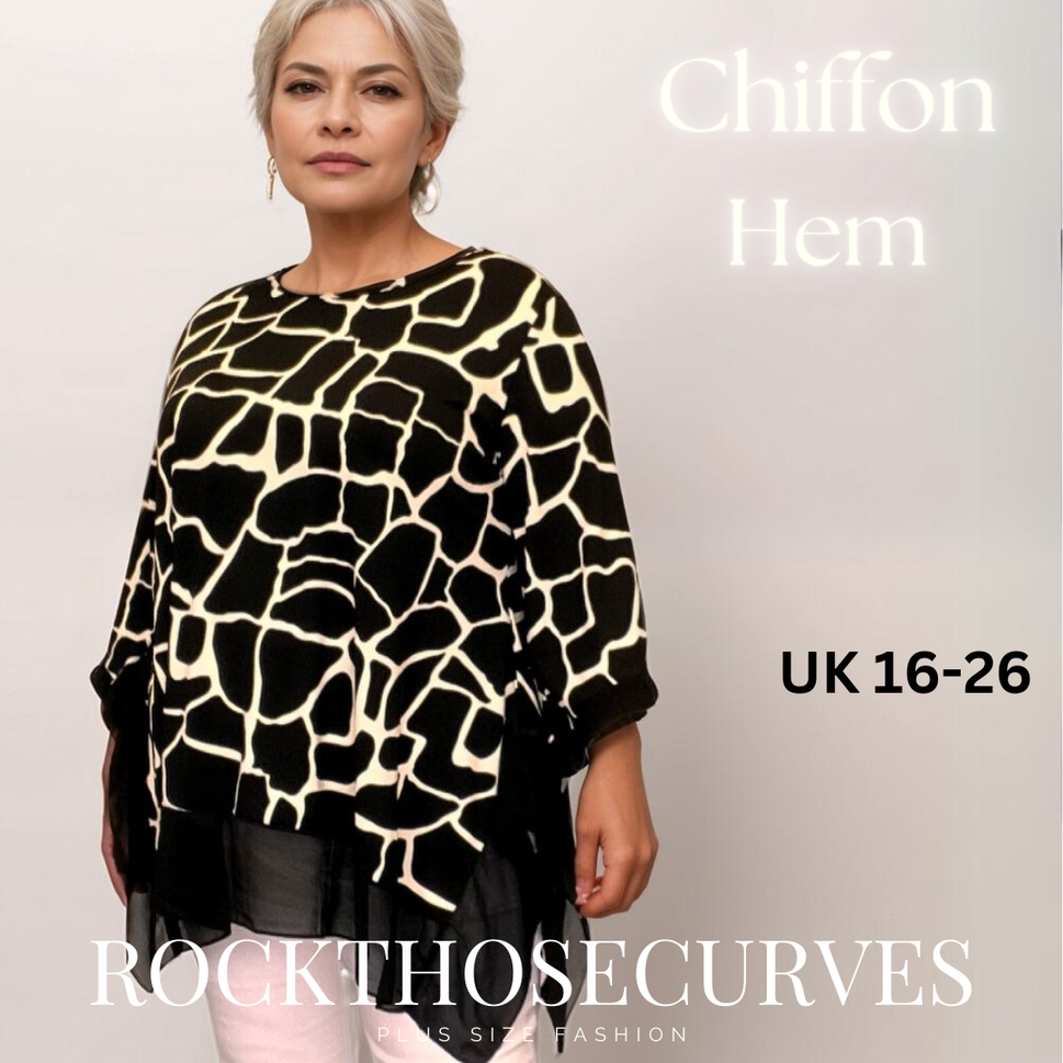 ROCKTHOSECURVES ANIMAL PRINT 3/4 SLEEVE TOP WITH CHIFFON HANKY HEMBLACK GIRAFFE / UK 16-18