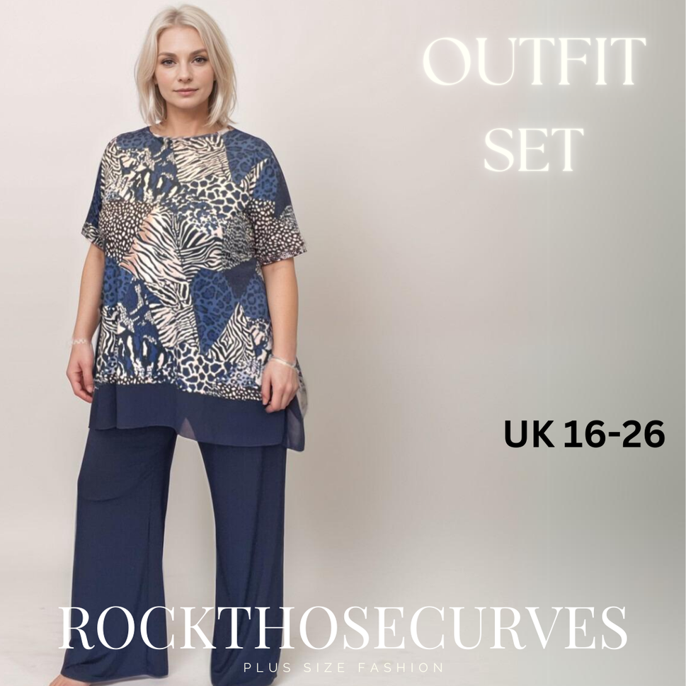 ROCKTHOSECURVES TWO PIECE LOOSE FITTING PLAIN PALAZZO TROUSERS + LONG TOP OUTFIT SETNAVY / UK 16-18