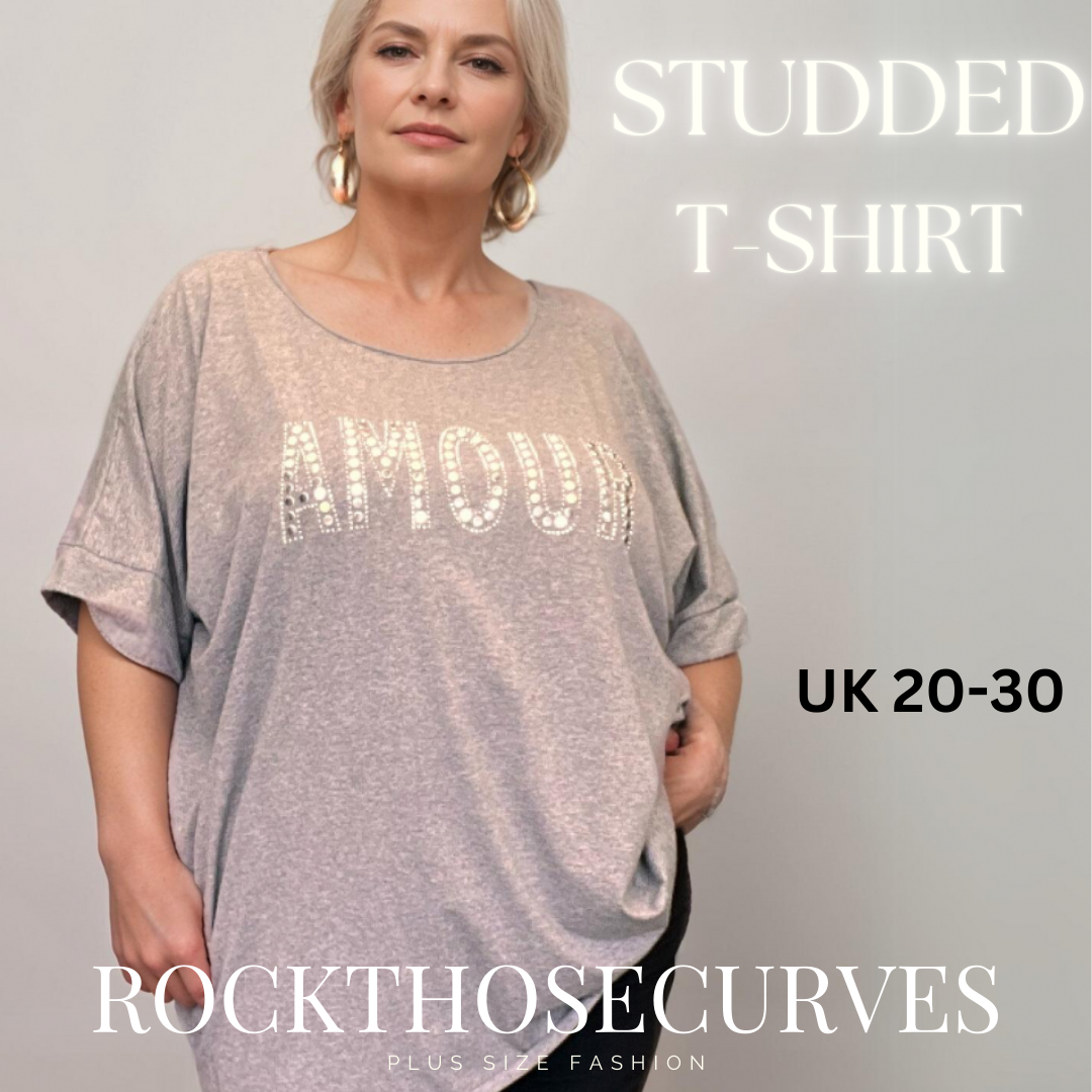 ROCKTHOSECURVES STUDDED SHORT SLEEVE COTTON T-SHIRT LONGER LENGTH