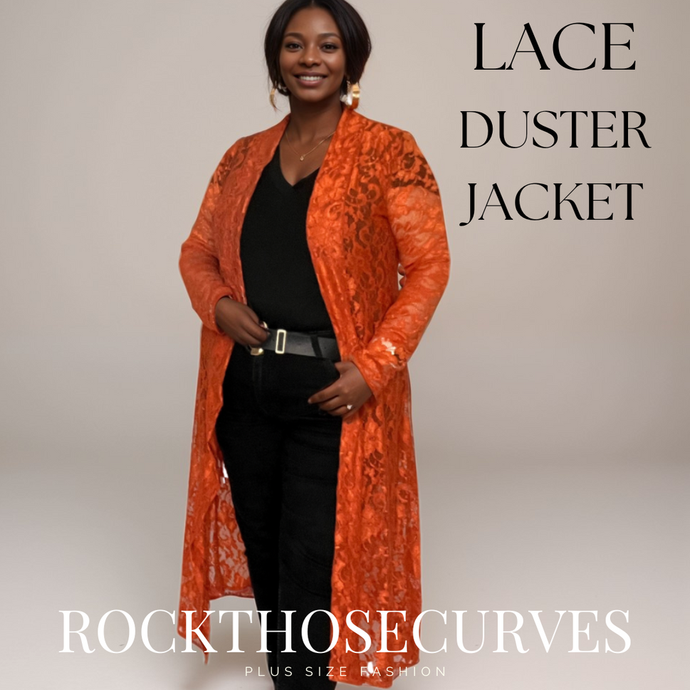 ROCKTHOSECURVES LACE LONG LENGTH OPEN FRONT DUSTER JACKETRust / UK 12-14