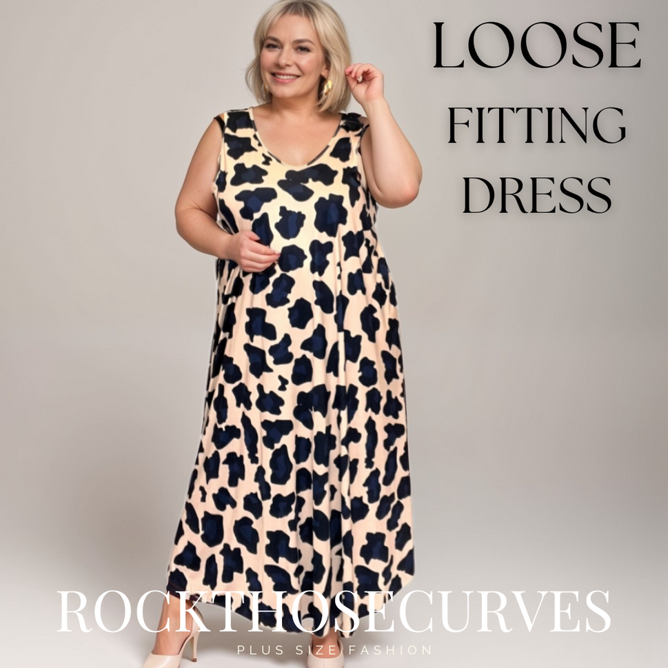 SLEEVELESS BOLD ANIMAL PRINT ROUND NECK DRESSNAVY BLUE / UK 16-18