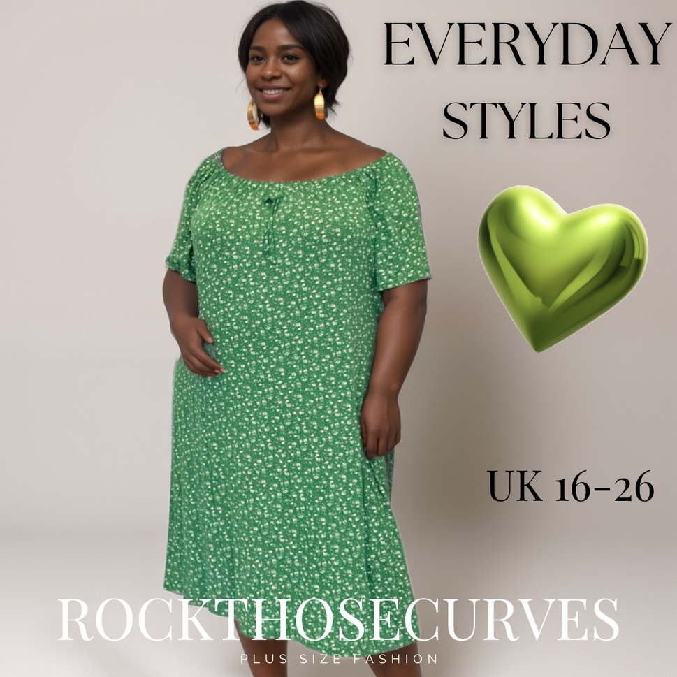 ROCKTHOSECURVES OFF SHOULDER SOFT FEEL FLORAL DRESSGreen / UK 16-18