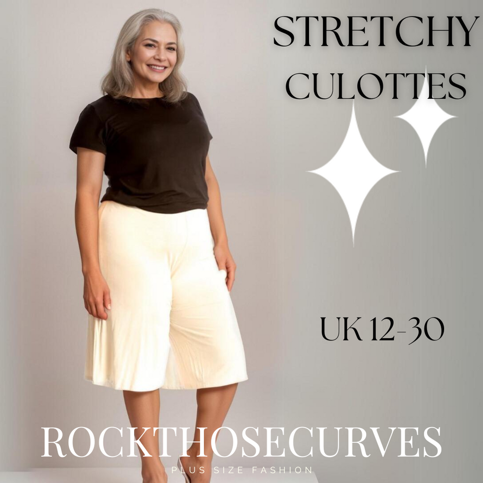 PLAIN ELASTIC HIGH WAIST WIDE LEG CULOTTES SHORTSWHITE / UK 12-14