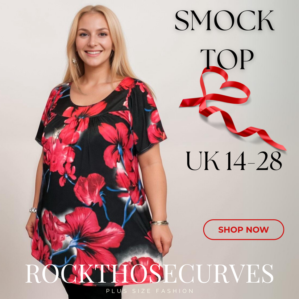 BRIGHT BOLD FLORAL SHORT SLEEVE A-LINE SMOCK TOPBLACK RED / UK 14