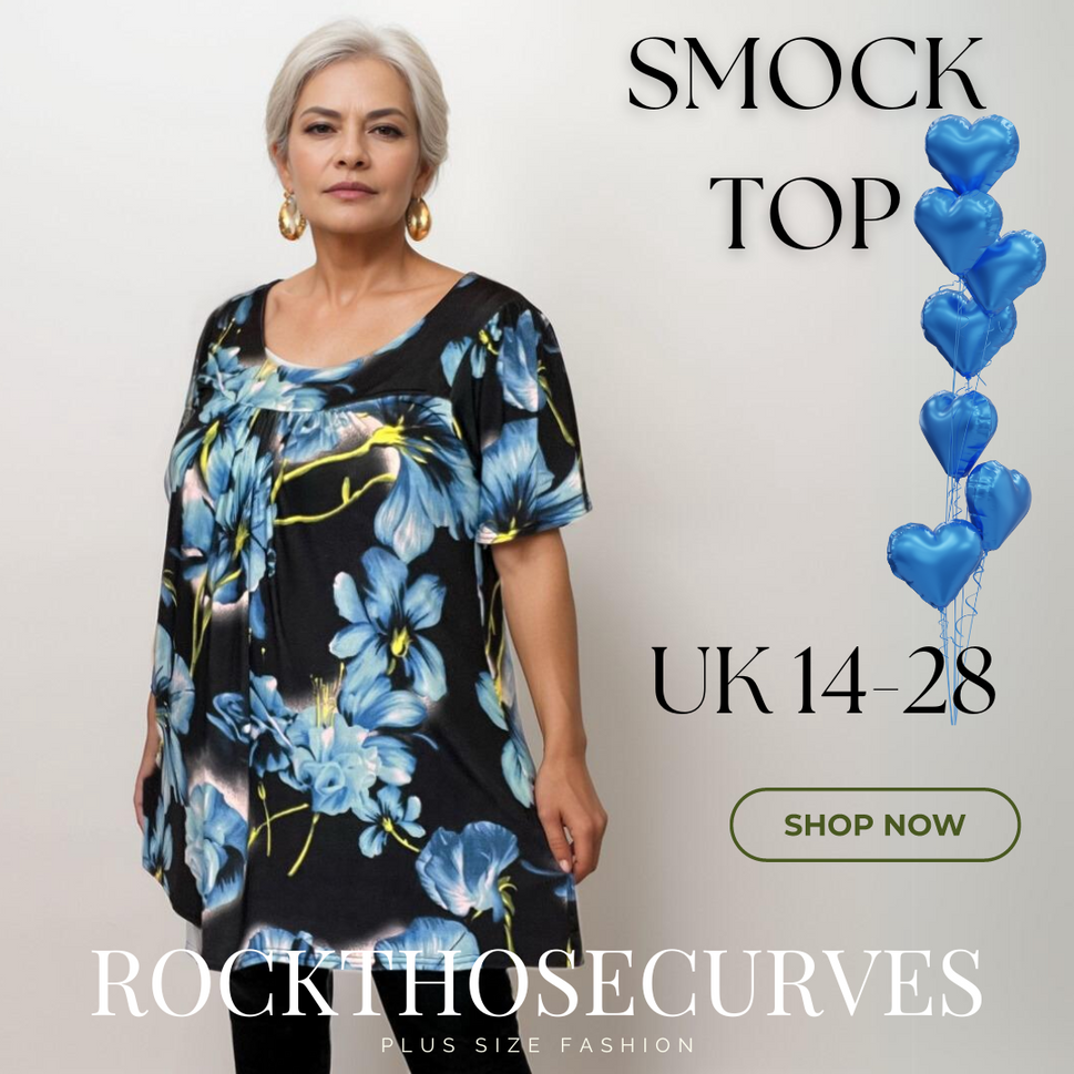 BRIGHT BOLD FLORAL SHORT SLEEVE A-LINE SMOCK TOPBLACK BLUE / UK 14