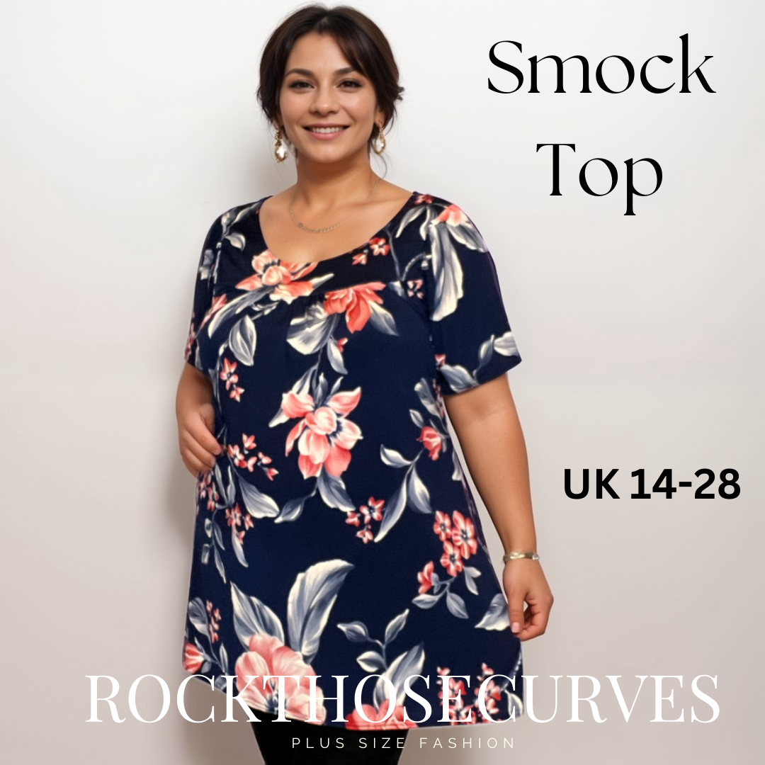 ROCKTHOSECURVES NAVY / RED FLORAL SHORT SLEEVE A-LINE SMOCK TOP