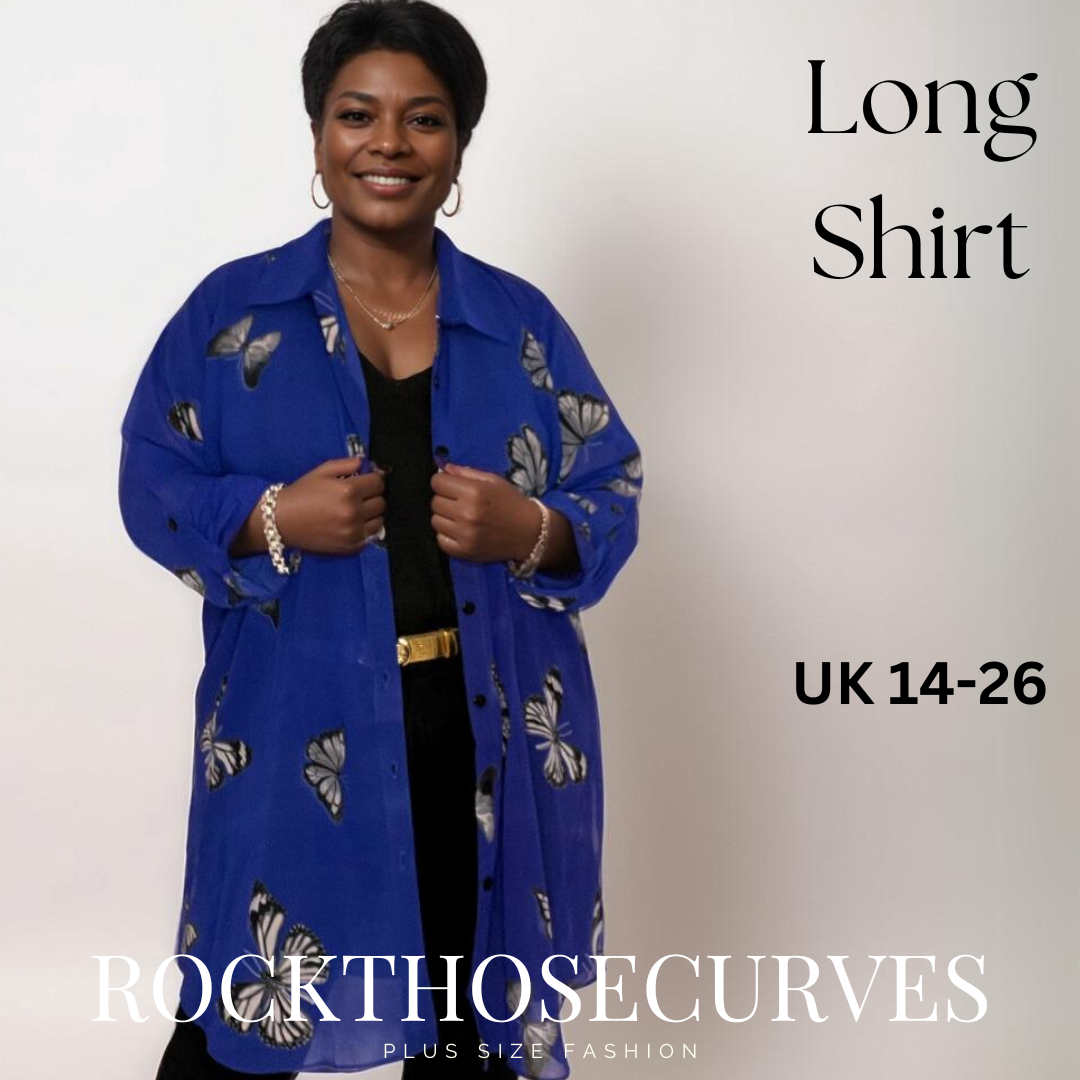ROCKTHOSECURVES LONG LENGTH CHIFFON BLOUSE SHIRT WITH BUTTERFLY PRINT