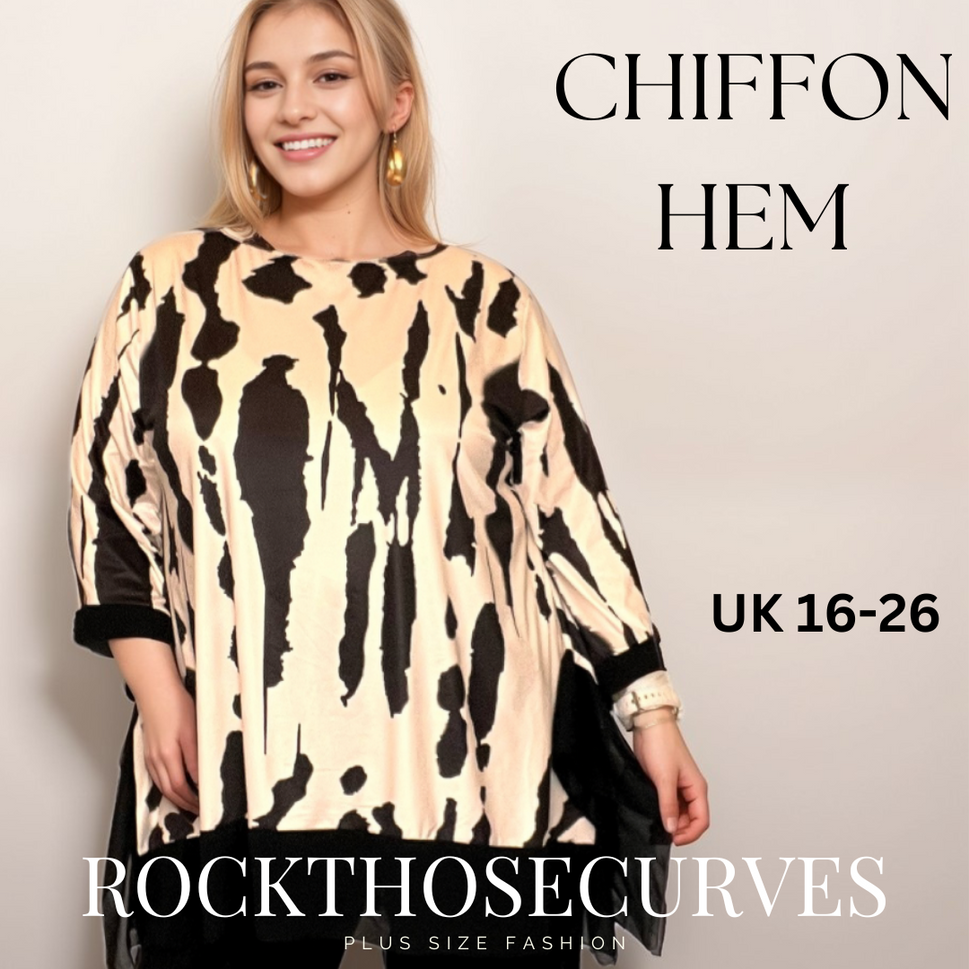 ROCKTHOSECURVES SPLASH EFFECT 3/4 SLEEVE TOP WITH CHIFFON HANKY HEMBLACK / UK 16-18