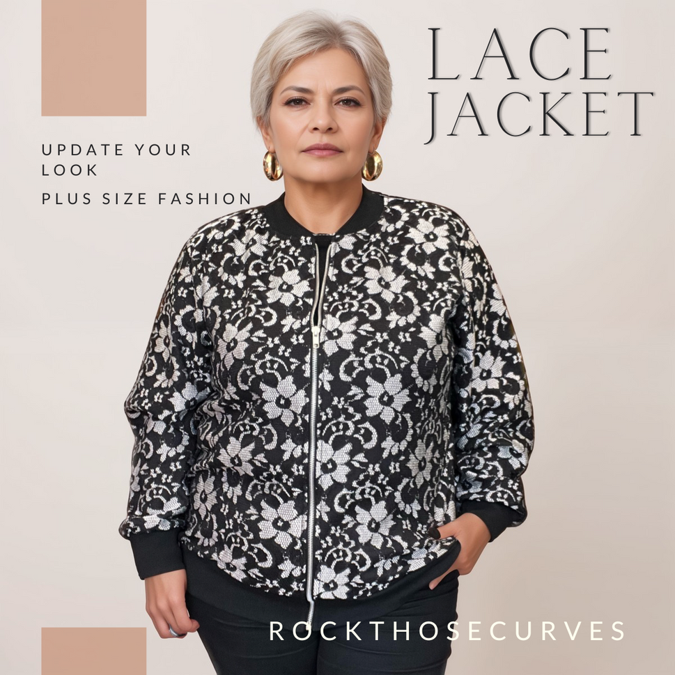 ROCKTHOSECURVES BLACK LACE / CONTRAST COLOUR ZIP UP BOMBER JACKETBlack Grey Lace / UK 12
