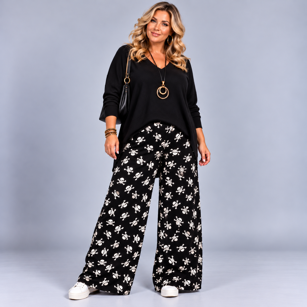 Black & White Skull Print Palazzo Trousers